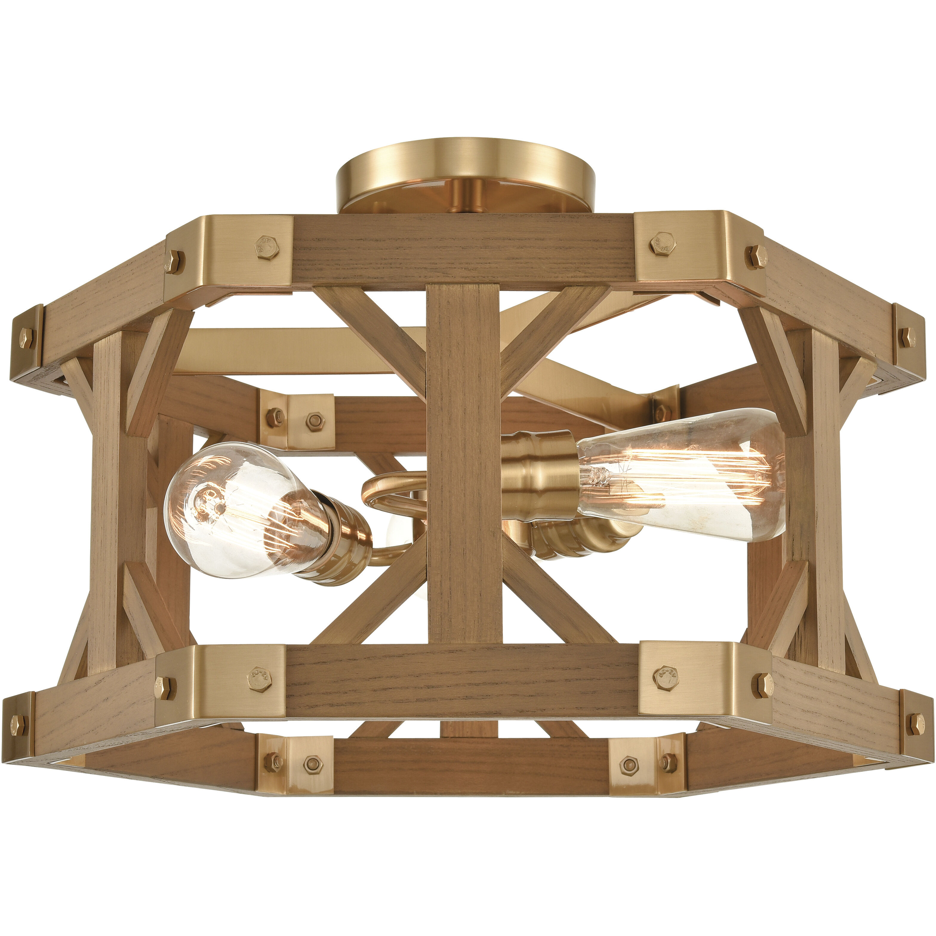 Structure 3 Light 18 inch Satin Brass with Medium Oak Semi Flush Mount Ceiling Light