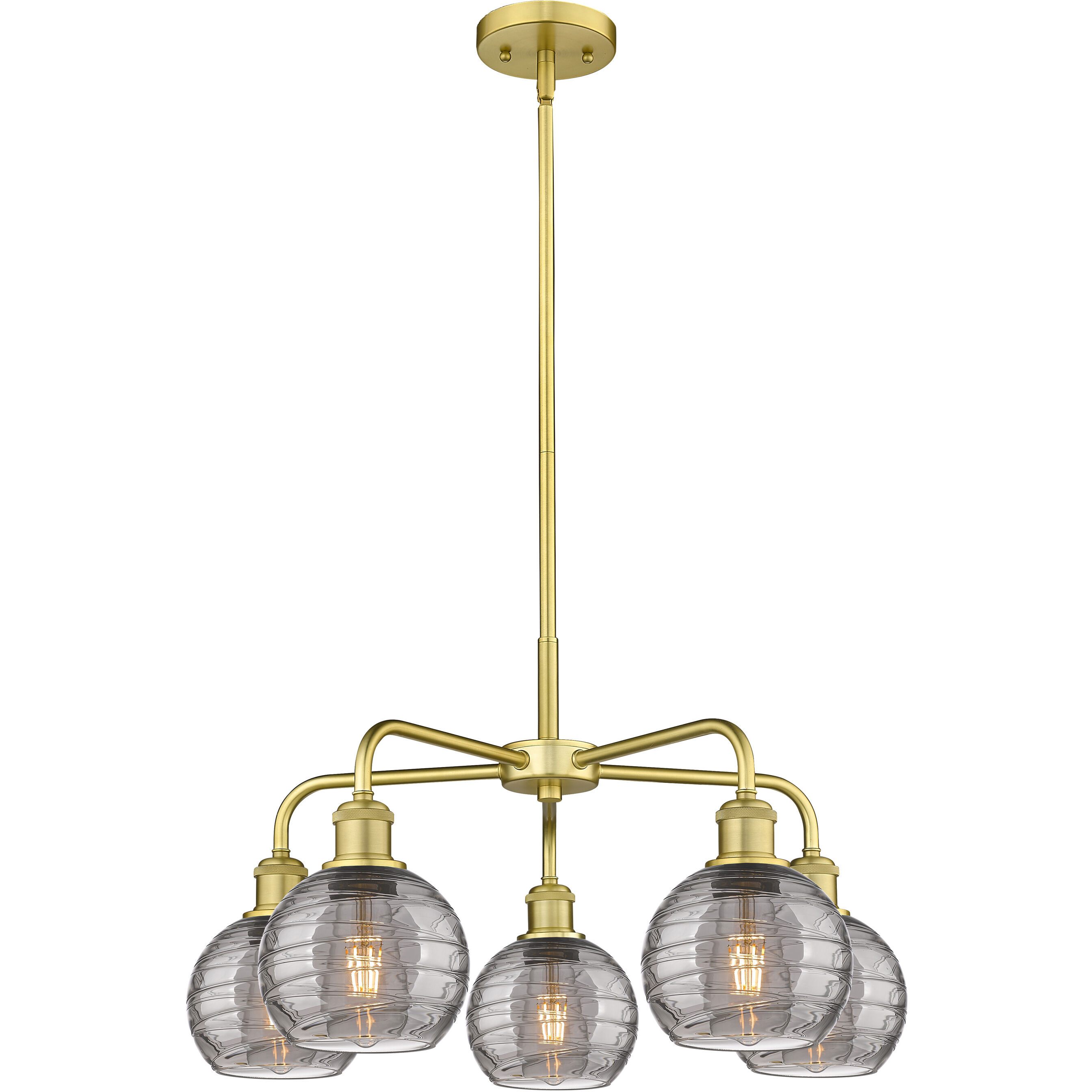 Ballston Athens Deco Swirl 5 Light 23.88 inch Satin Gold Stem Hung Chandelier Ceiling Light in Light Smoke Deco Swirl Glass