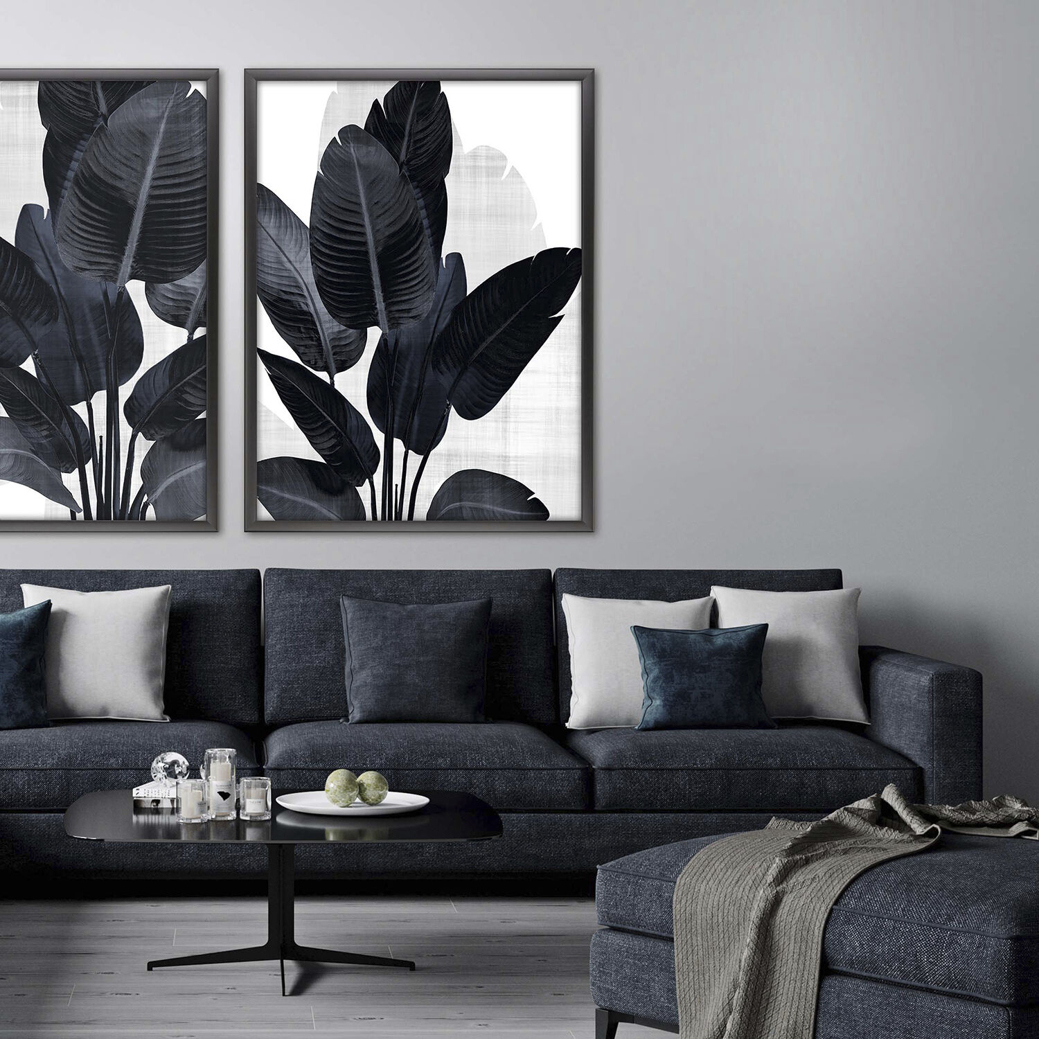 Palm Noir Blue and White Framed Art