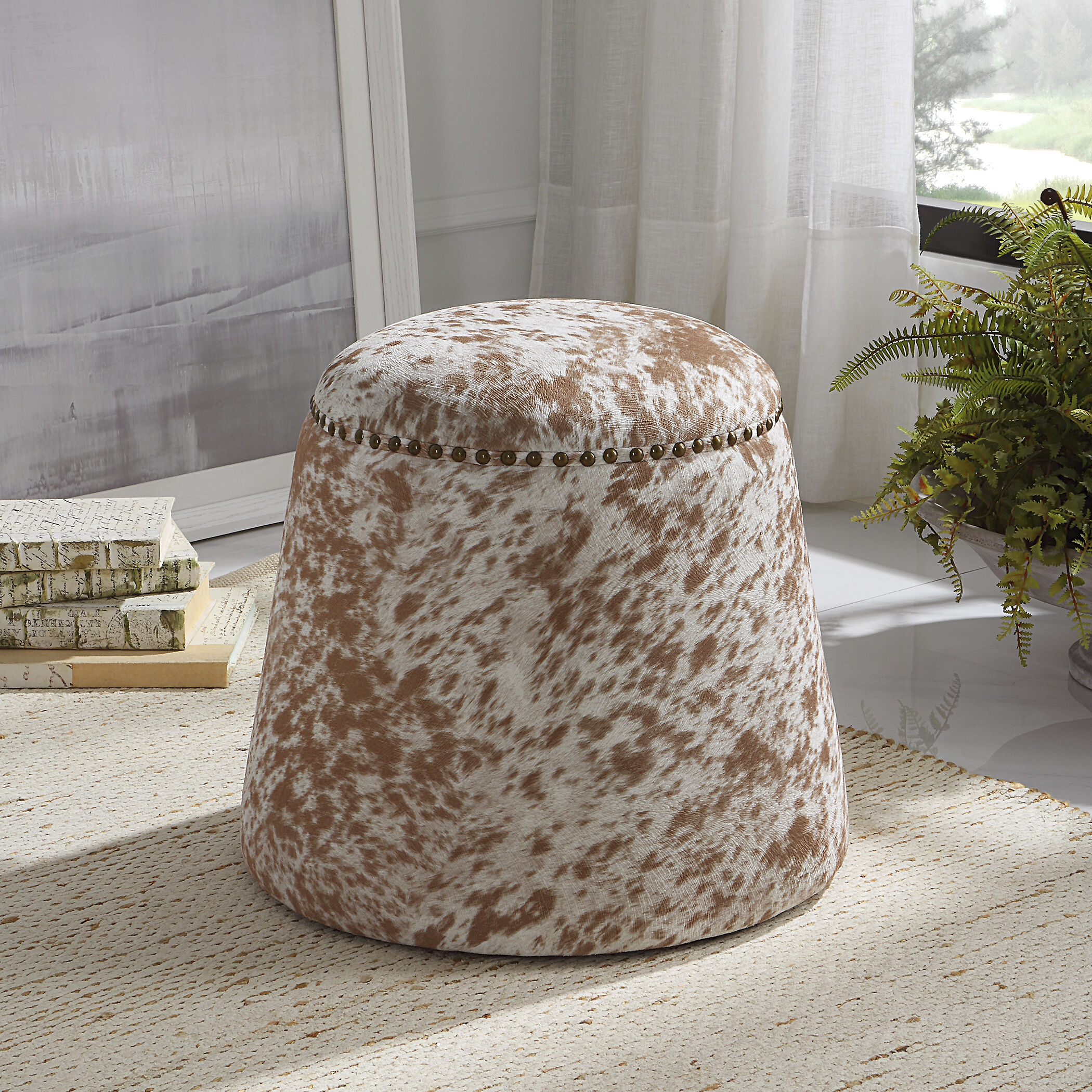 Gumdrop 17 inch Chestnut and White Faux Cow Hide Ottoman