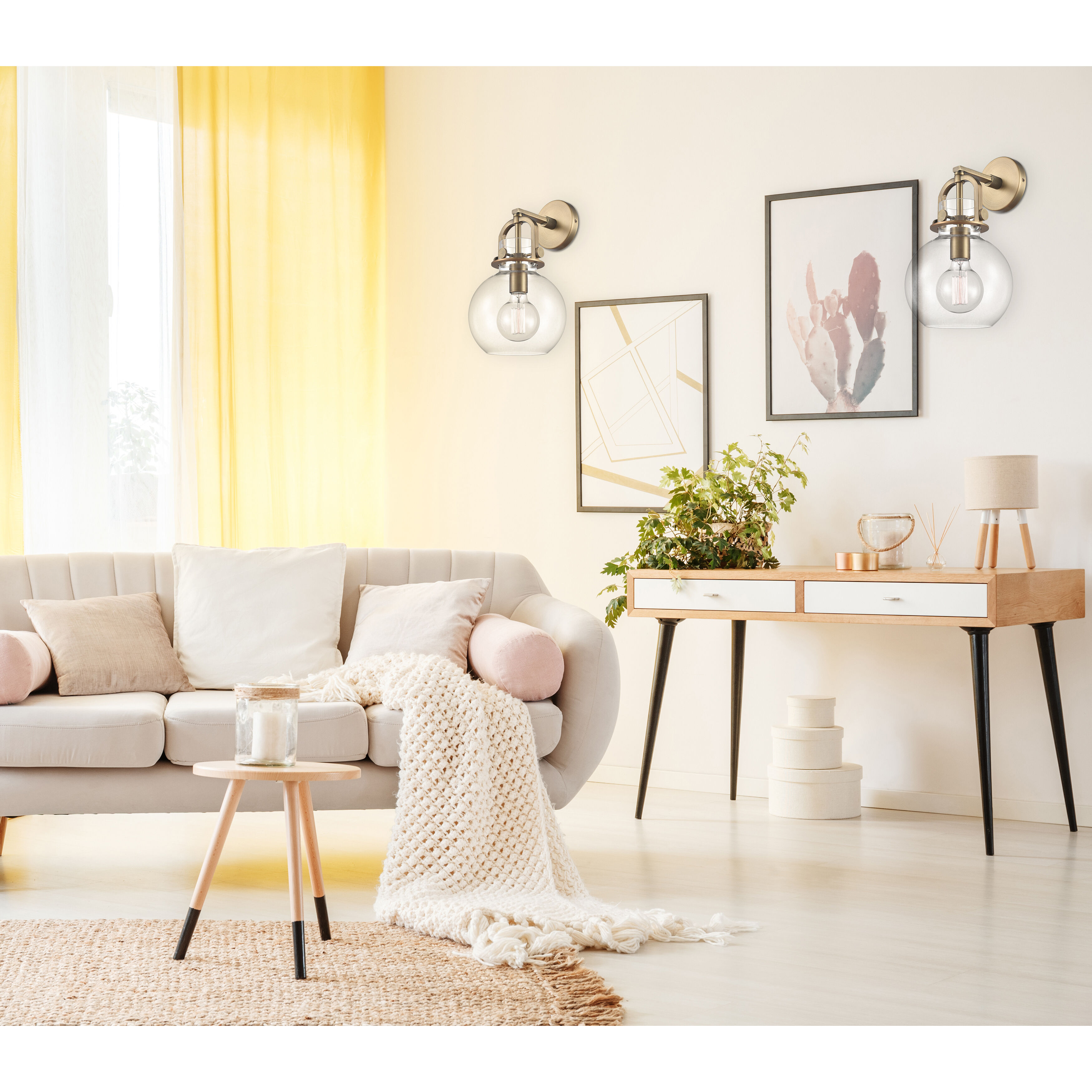 Newton Sphere Sconce Wall Light in Brushed Brass, Clear Glass