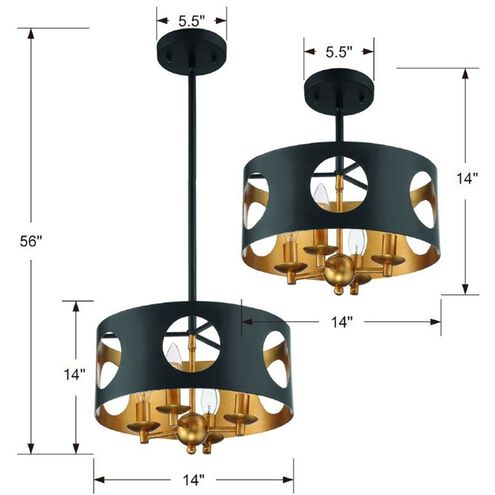 Odelle 4 Light 14 inch Black and Antique Gold Mini Chandelier Ceiling Light