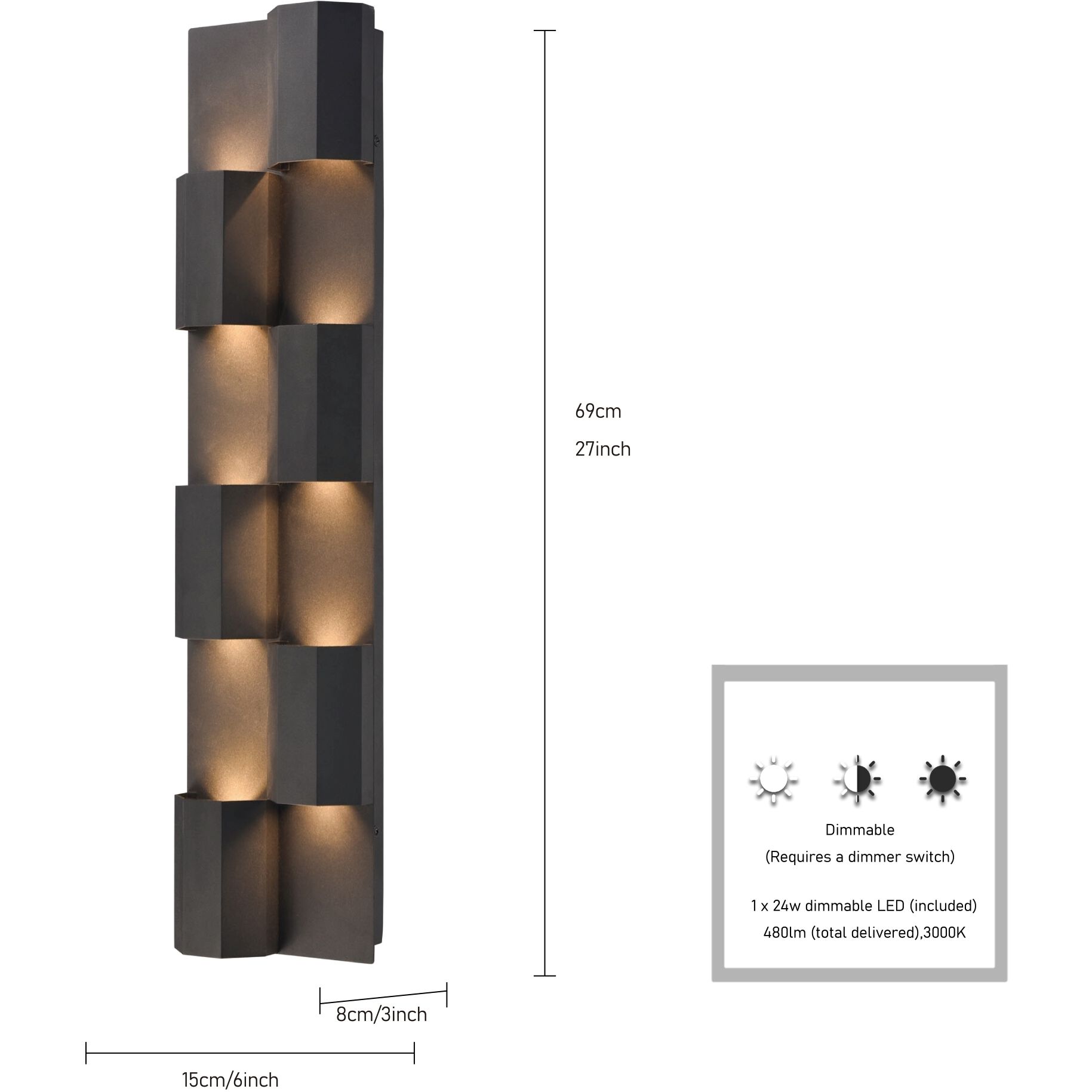 Skyline 1 Light 27 inch Charcoal Black Outdoor Sconce