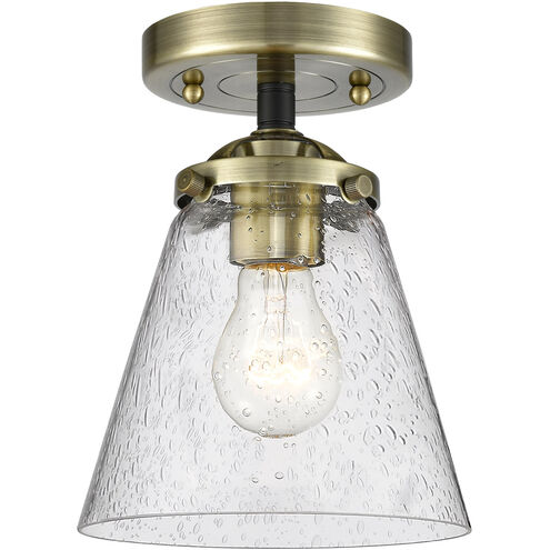 Nouveau Small Cone LED 6 inch Black Antique Brass Semi-Flush Mount Ceiling Light in Seedy Glass, Nouveau