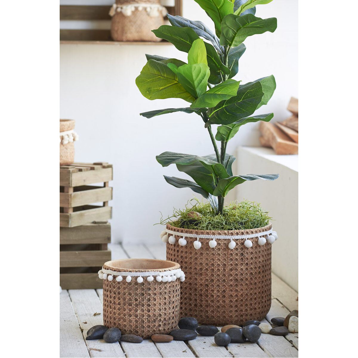 Rattan Detail Natural and White Outdoor Planter