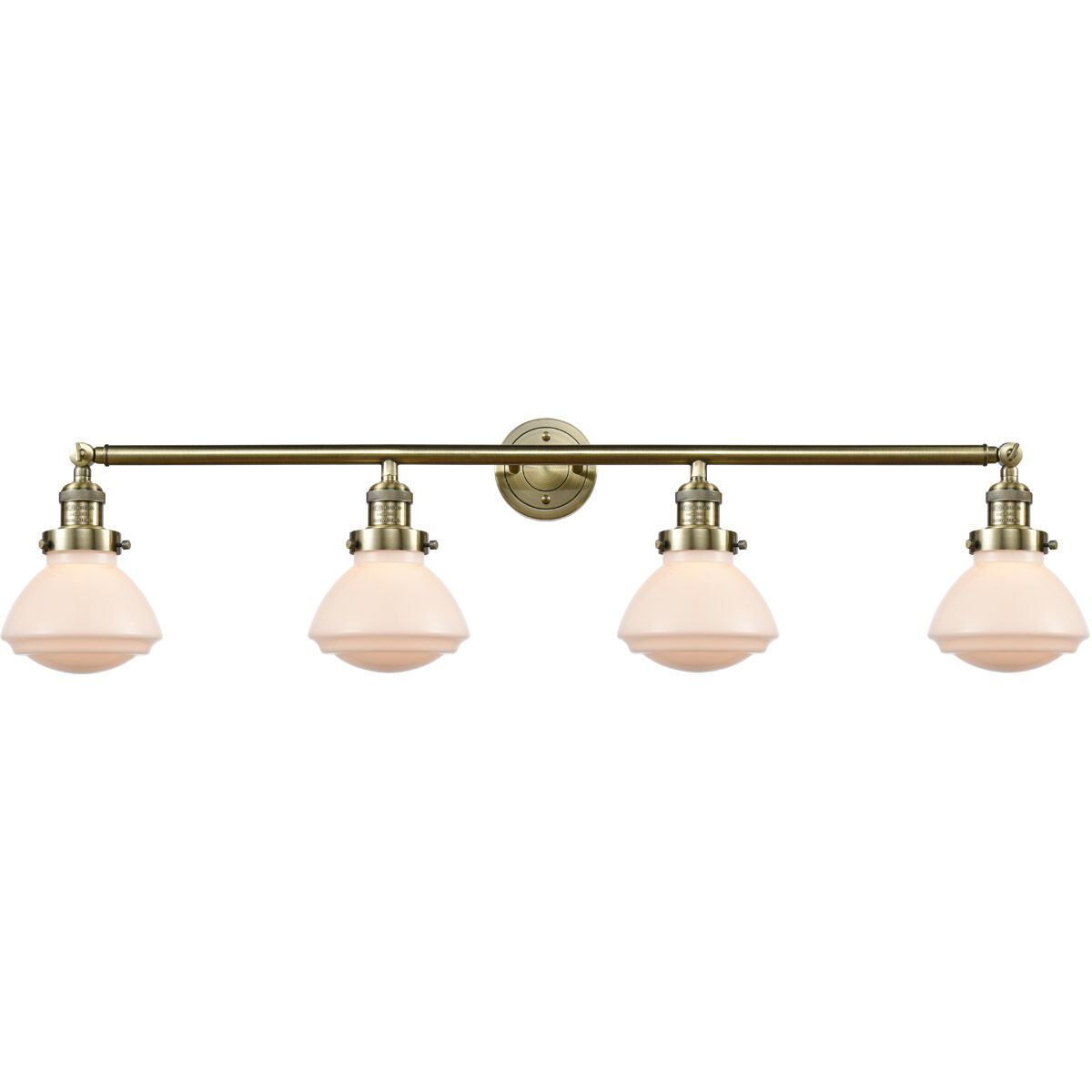 Franklin Restoration Olean 4 Light 43 inch Antique Brass Bath Vanity Light Wall Light in Incandescent, Matte White Glass, Franklin Restoration