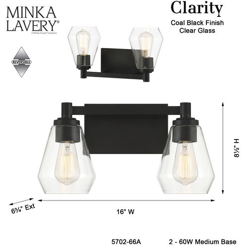 Clarity 2 Light 16 inch Coal Bath Vanity Wall Light