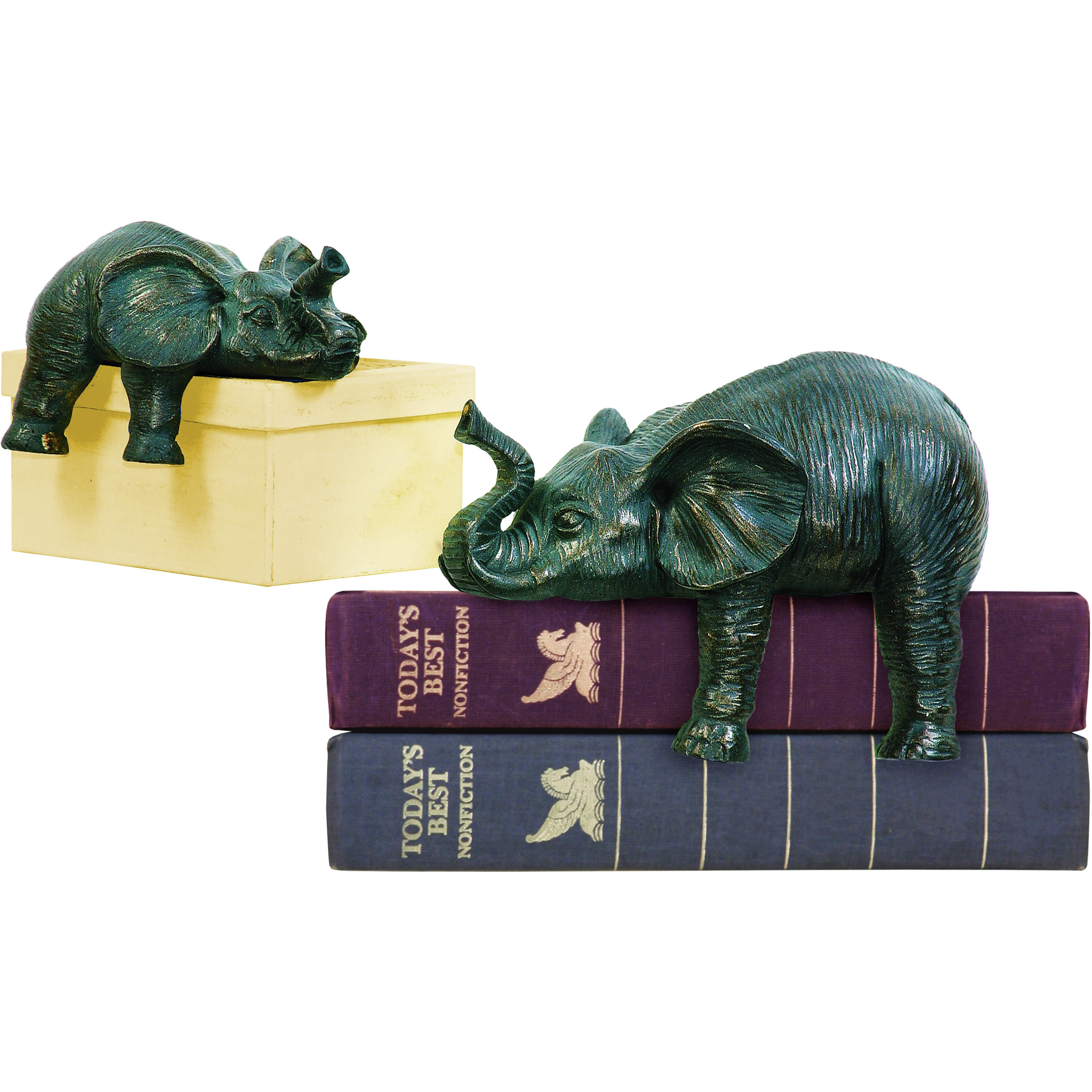 Sprawling Elephant 6.75 X 2.75 inch Aged Bronze with Green Bookends, Set of 2