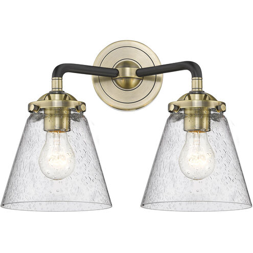 Nouveau Small Cone 2 Light 14 inch Black Antique Brass Bath Vanity Light Wall Light in Seedy Glass, Nouveau