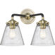 Nouveau Small Cone 2 Light 14 inch Black Antique Brass Bath Vanity Light Wall Light in Seedy Glass, Nouveau
