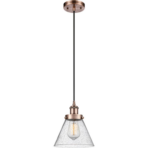 Ballston Large Cone 1 Light 8 inch Antique Copper Mini Pendant Ceiling Light in Seedy Glass