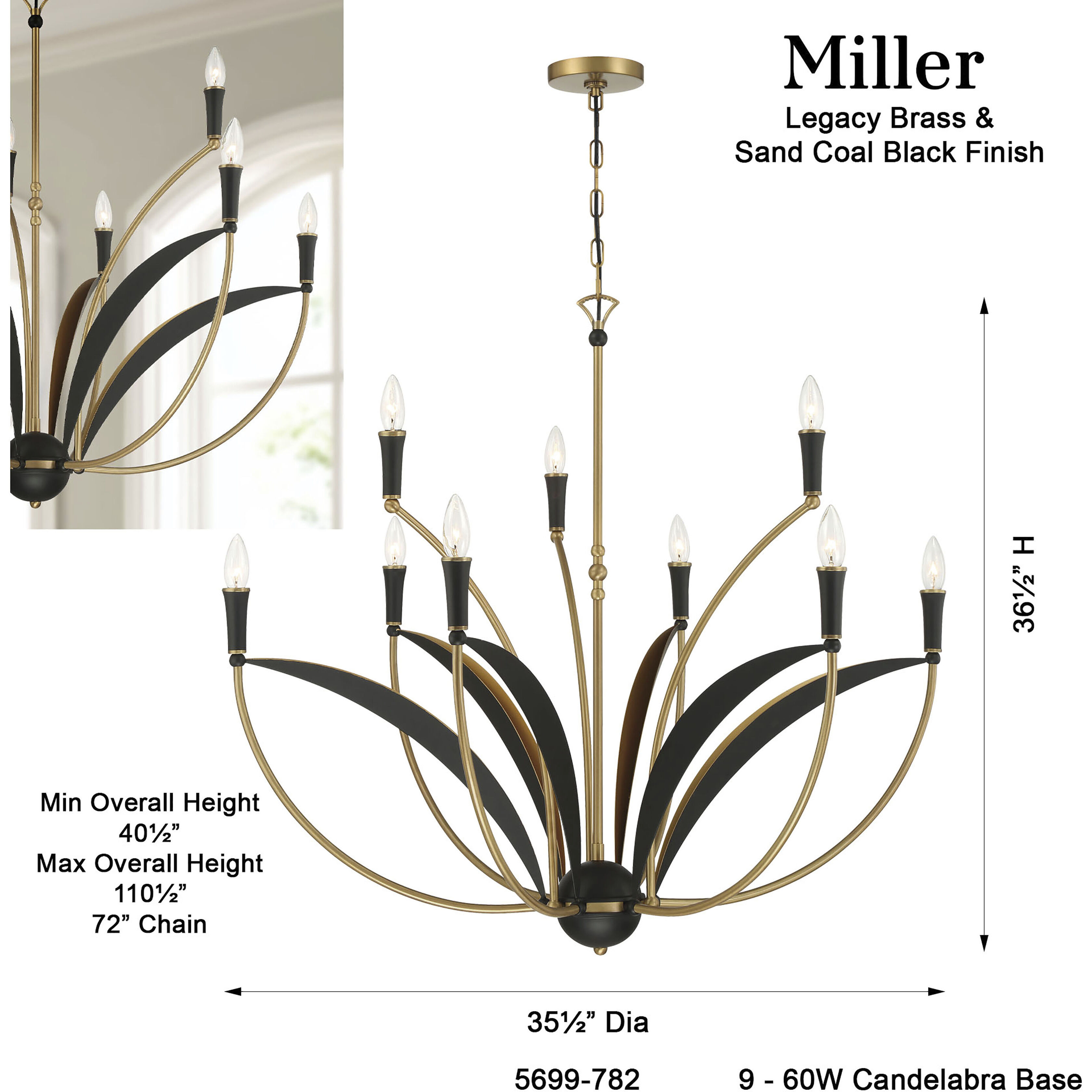 Miller 9 Light 35.5 inch Legacy Brass and Sand Coal Chandelier Ceiling Light