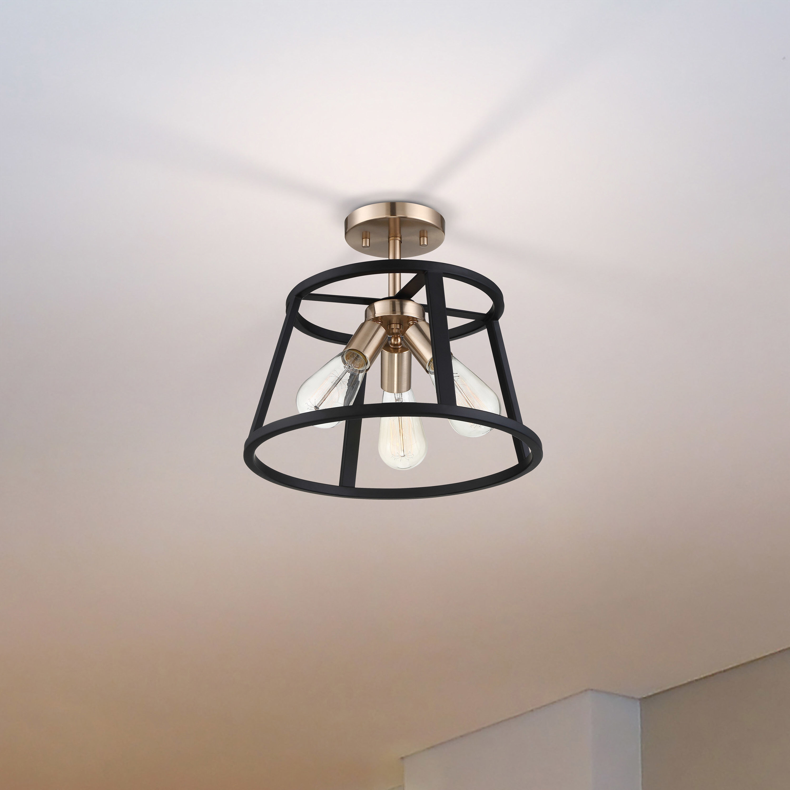 Chassis 3 Light 14 inch Copper Brushed Brass and Matte Black Flush Mount Ceiling Light