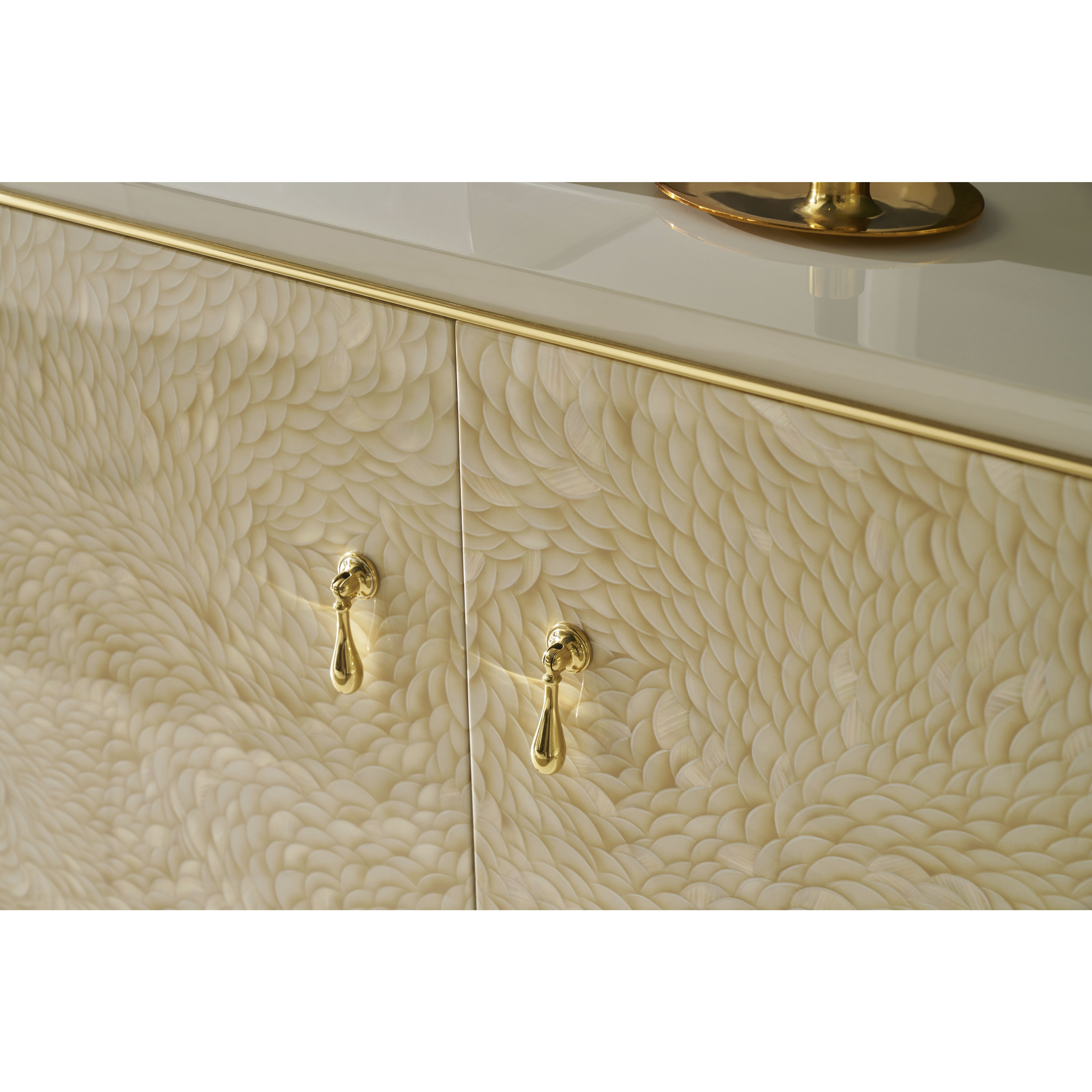 Judith Leiber Couture 80 X 19 inch Feather / Solstice / Polished Brass Credenza, Wooden, 4-Door