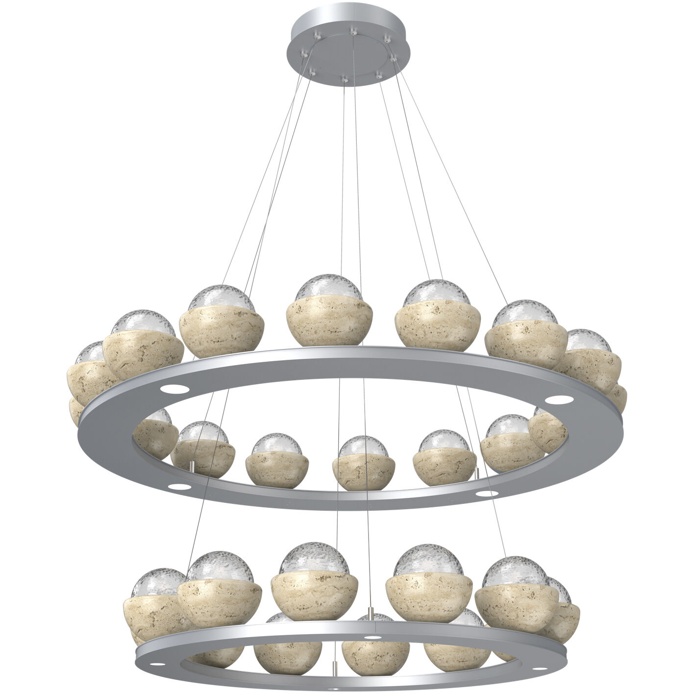 Cabochon LED Classic Silver with Travertine Stone Chandelier Ceiling Light in 3000K LED, Clear, Two-Tier