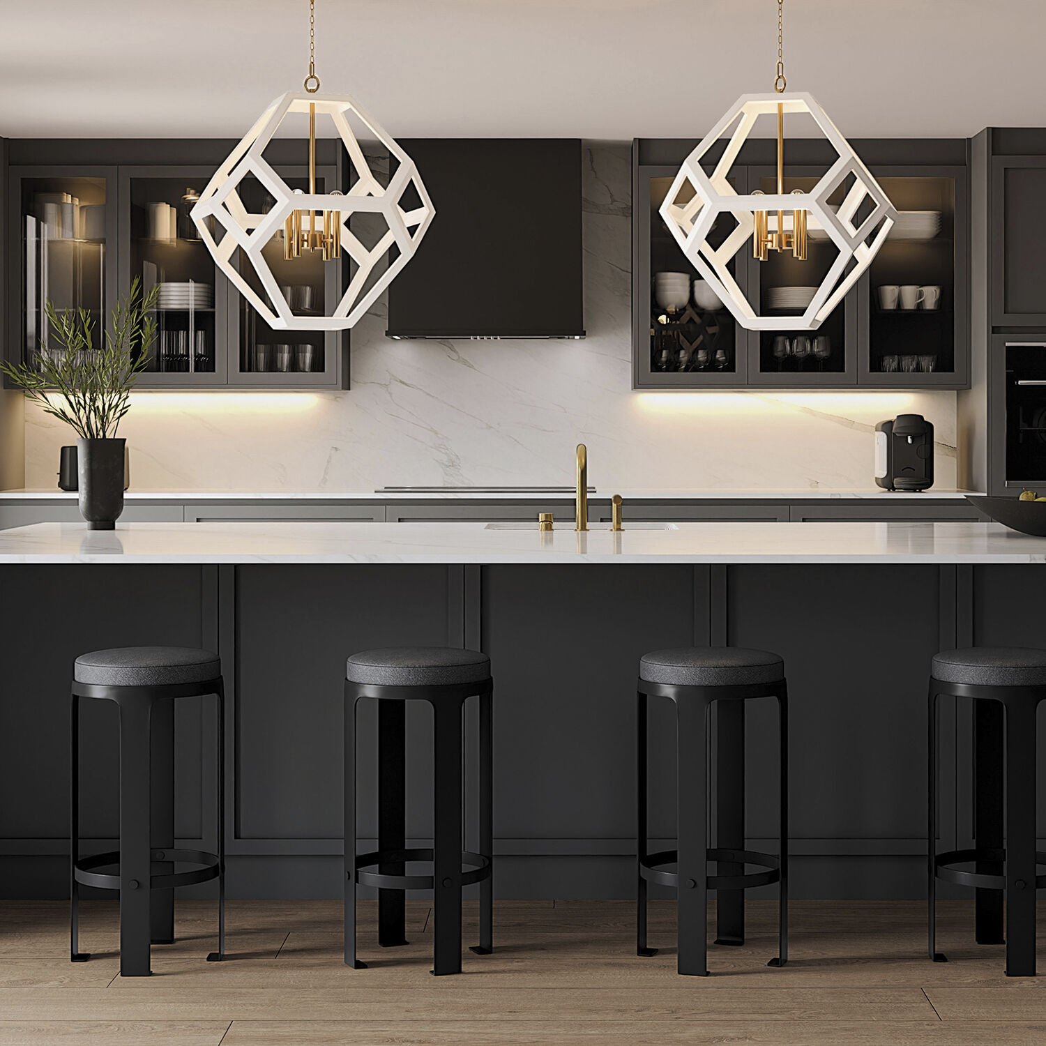 Geo 4 Light 24 inch Flat White and Matte Brass Pendant Ceiling Light