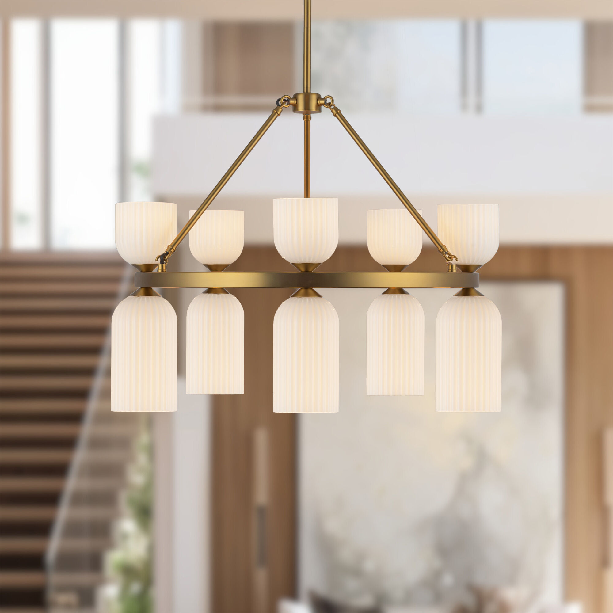 Alora Mood Nelly 10 Light 25.88 inch Brushed Gold/Glossy Ribbed Opal Glass Chandelier Ceiling Light in Glossy Opal Ribbed Glass Shade