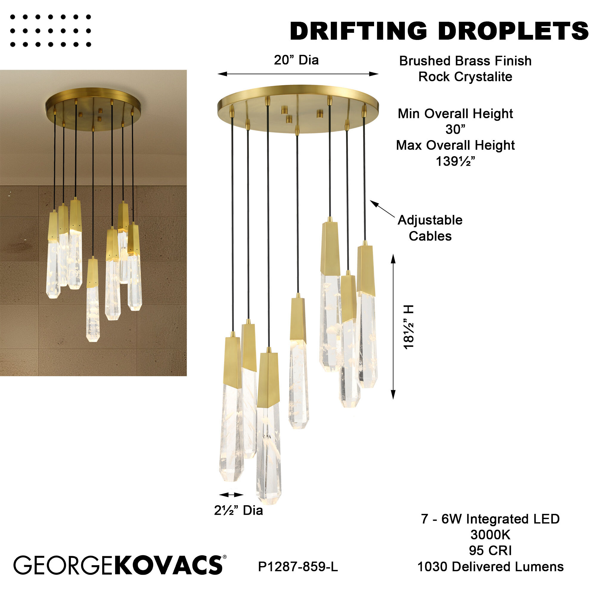 Drifting Droplets LED 20 inch Brushed Brass Pendant Ceiling Light