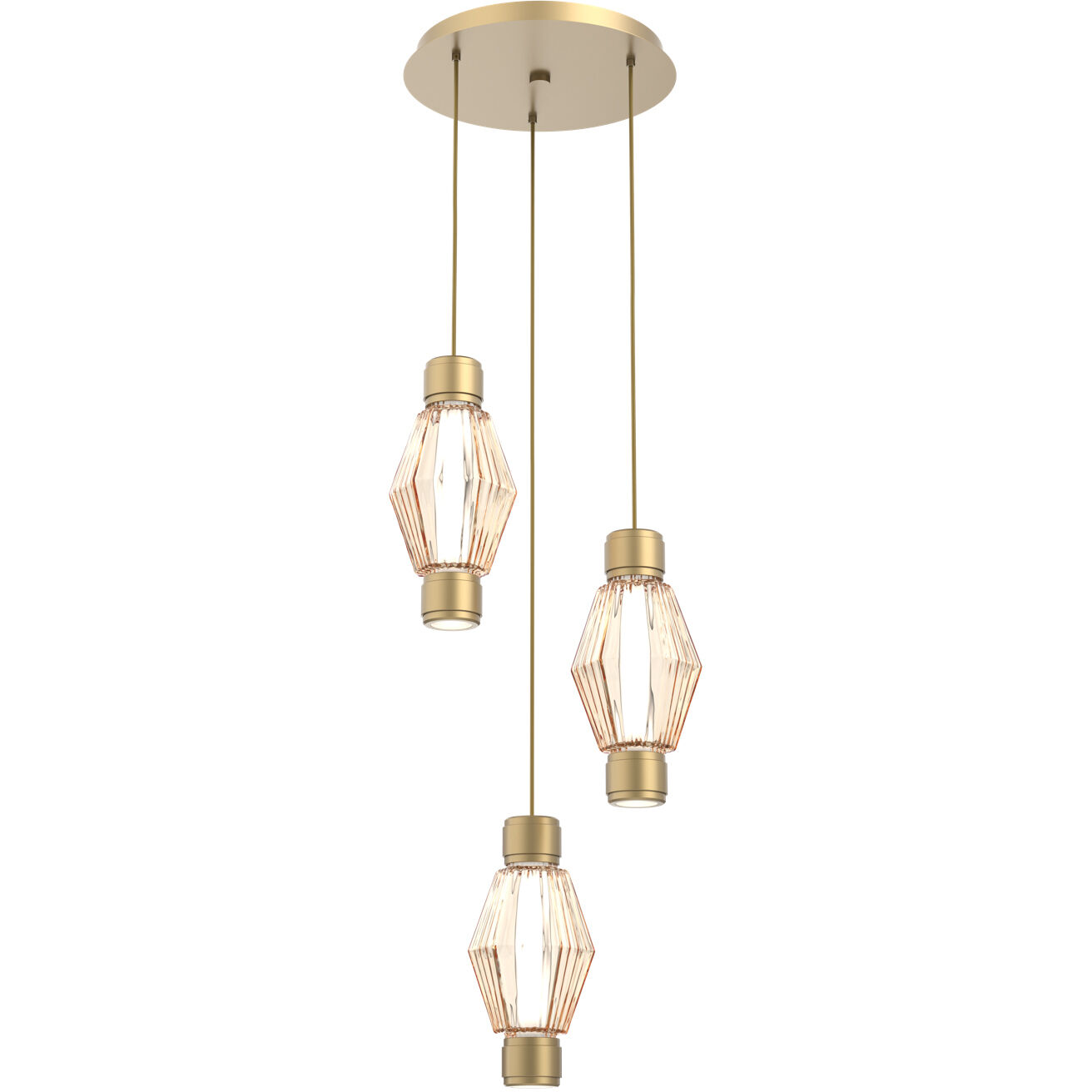 Aalto Mandrel LED Gilded Brass Multi Pendant Chandelier Ceiling Light in 3000K LED, Optic Rib Amber