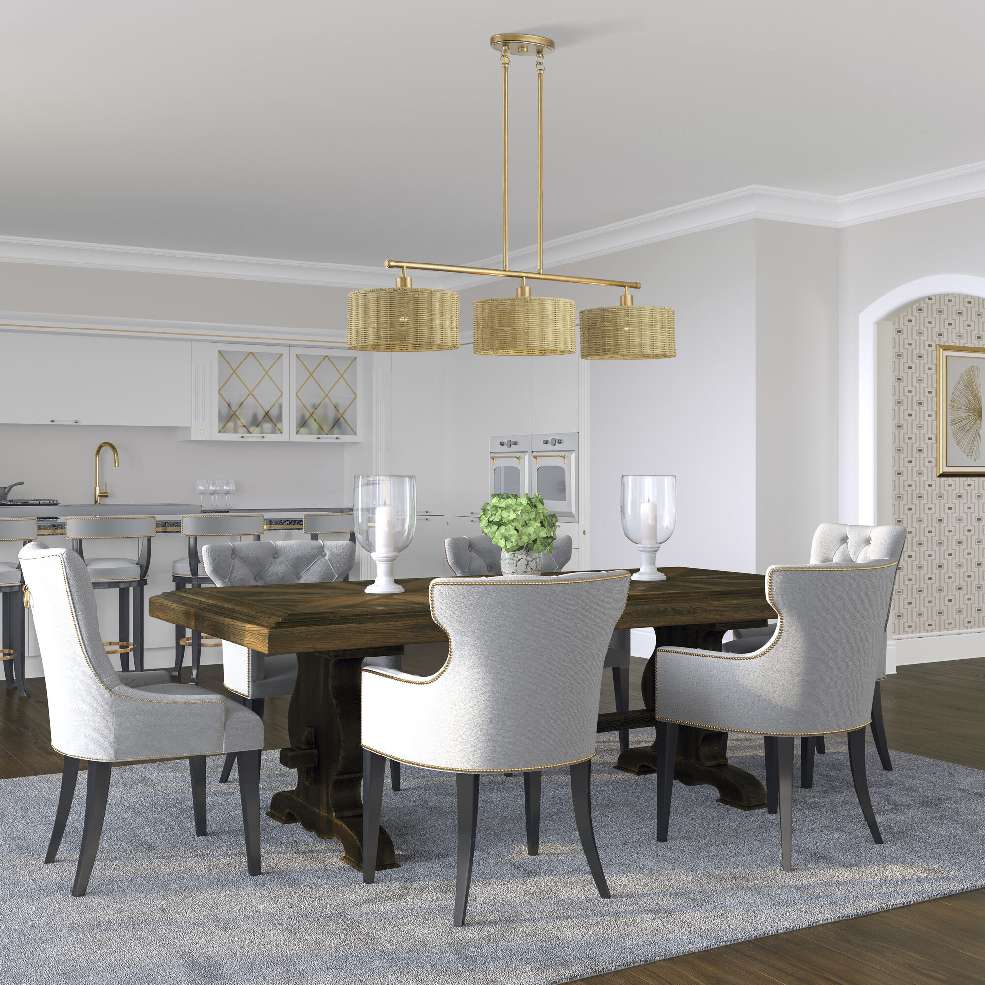 Weavington 3 Light 46 inch Antique Gold Leaf Linear Chandelier Ceiling Light, Extra Large