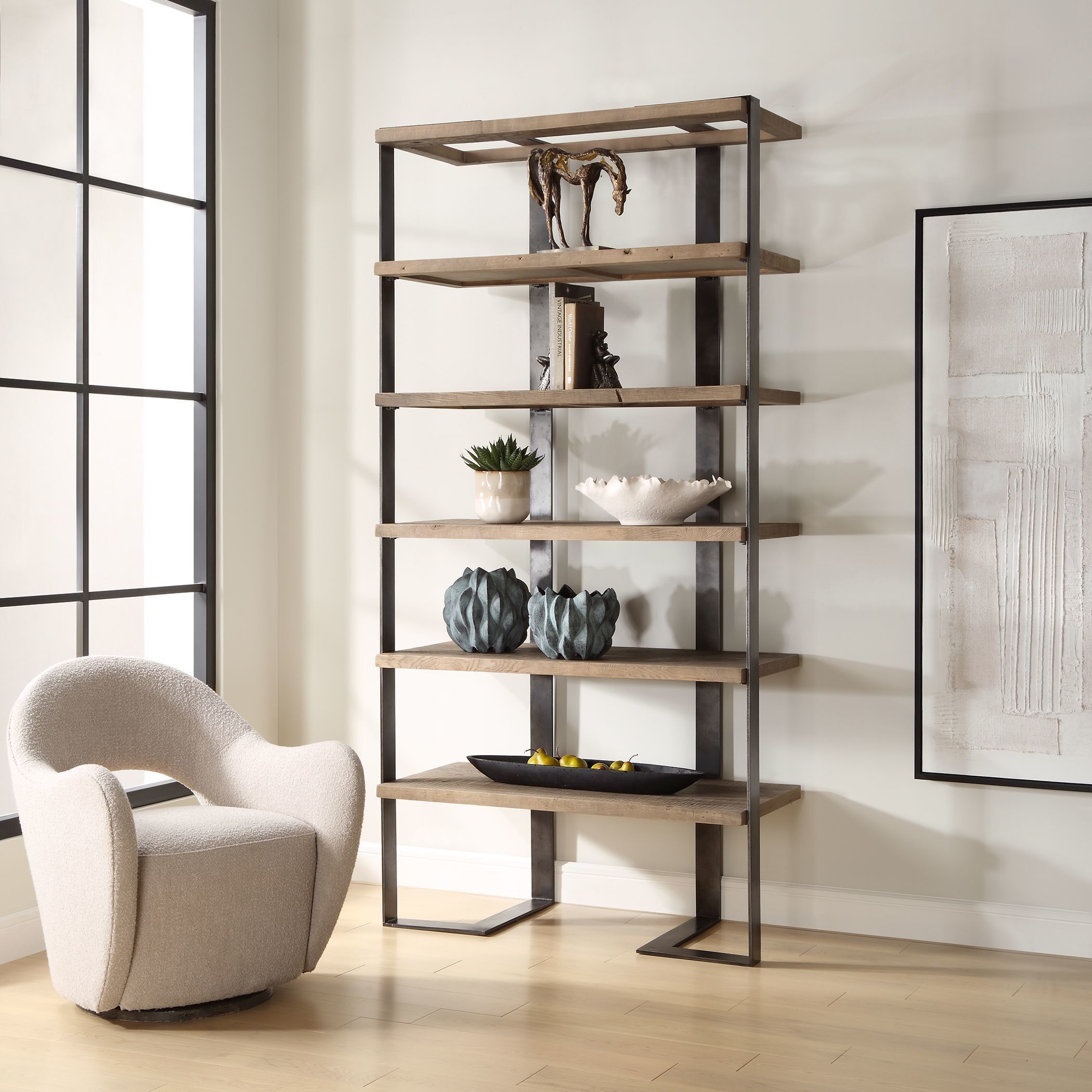 Felix 90 X 44 inch Natural Oak and Oxidized Black Etagere