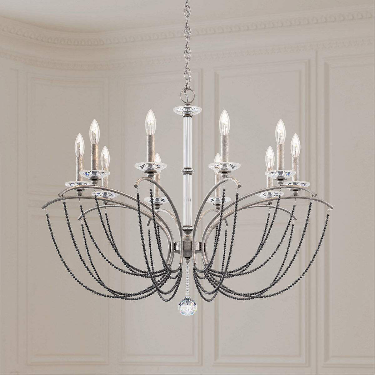 Priscilla 10 Light Antique Silver Chandelier Ceiling Light in Dark Grey Pearl, Adjustable Height
