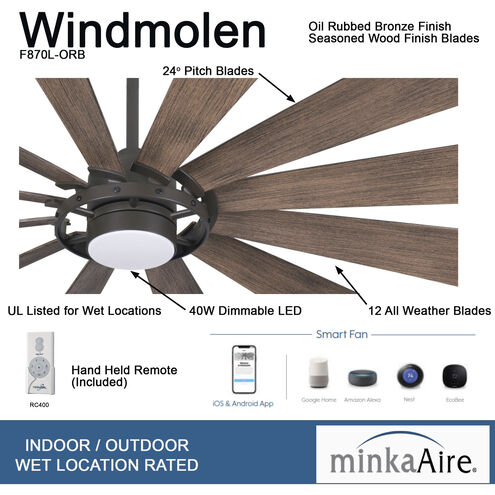 Windmolen 65 inch Oil Rubbed Bronze with Seasoned Wood Blades Outdoor Ceiling Fan
