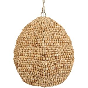 Kauri 1 Light 18 inch Natural Wooden Beads and Antique Brass Pendant Ceiling Light
