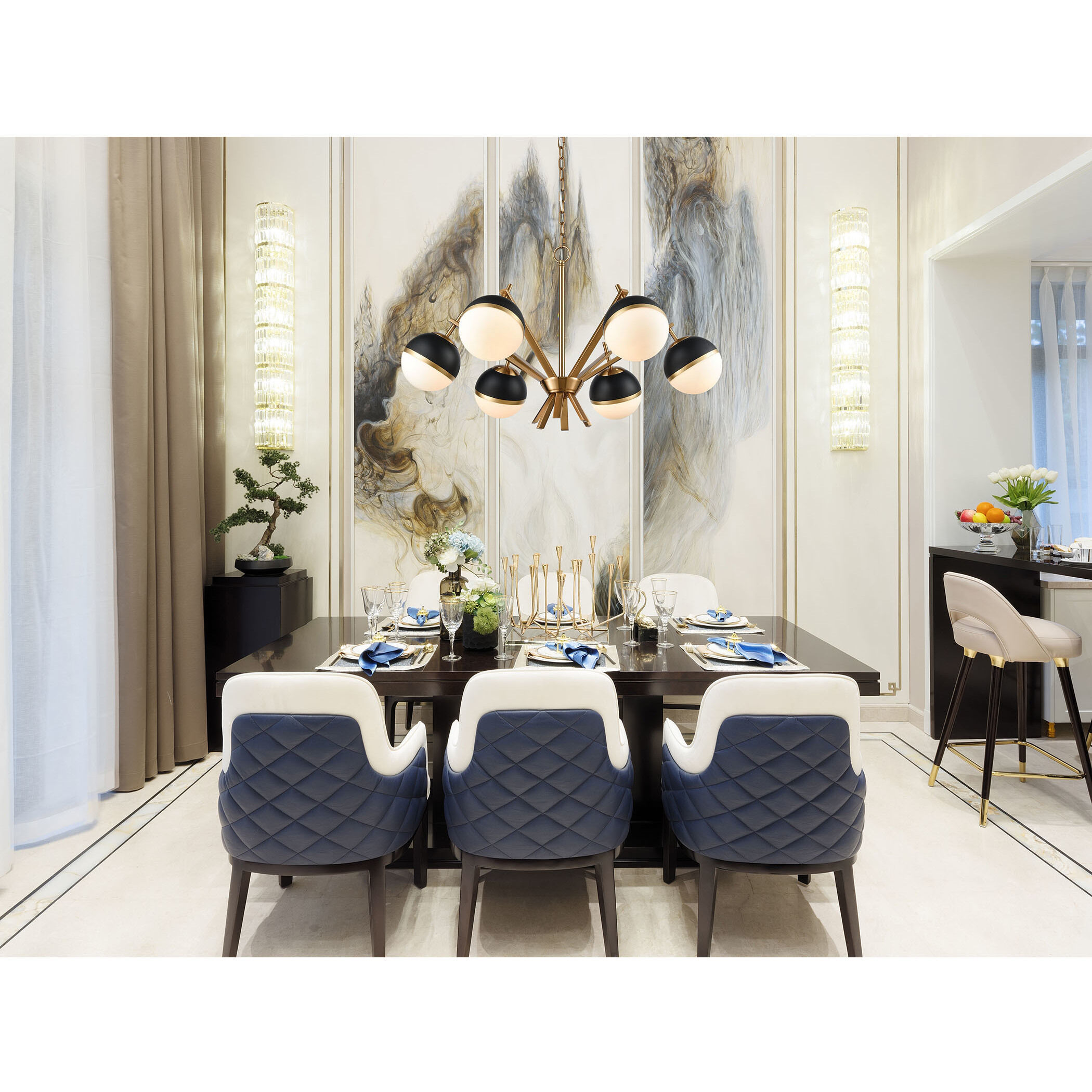 Blind Tiger 6 Light 32 inch Aged Brass with Black Chandelier Ceiling Light