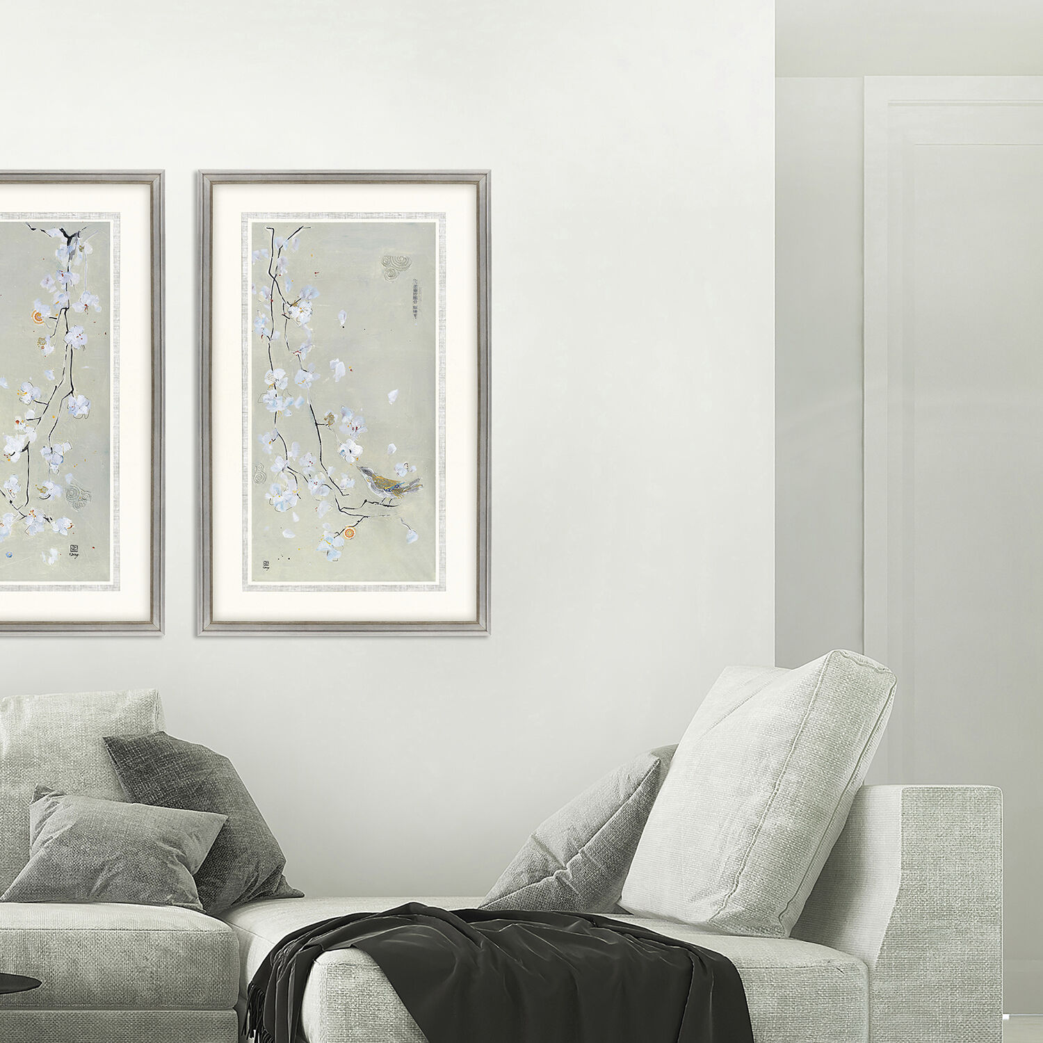 Bird Family Neutral and Green and Blue and White Framed Art