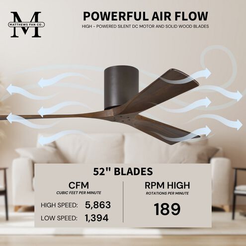 Atlas Irene-3H 52 inch Textured Bronze with Walnut Tone Blades Ceiling Mount Paddle Fan, Flush Mounted