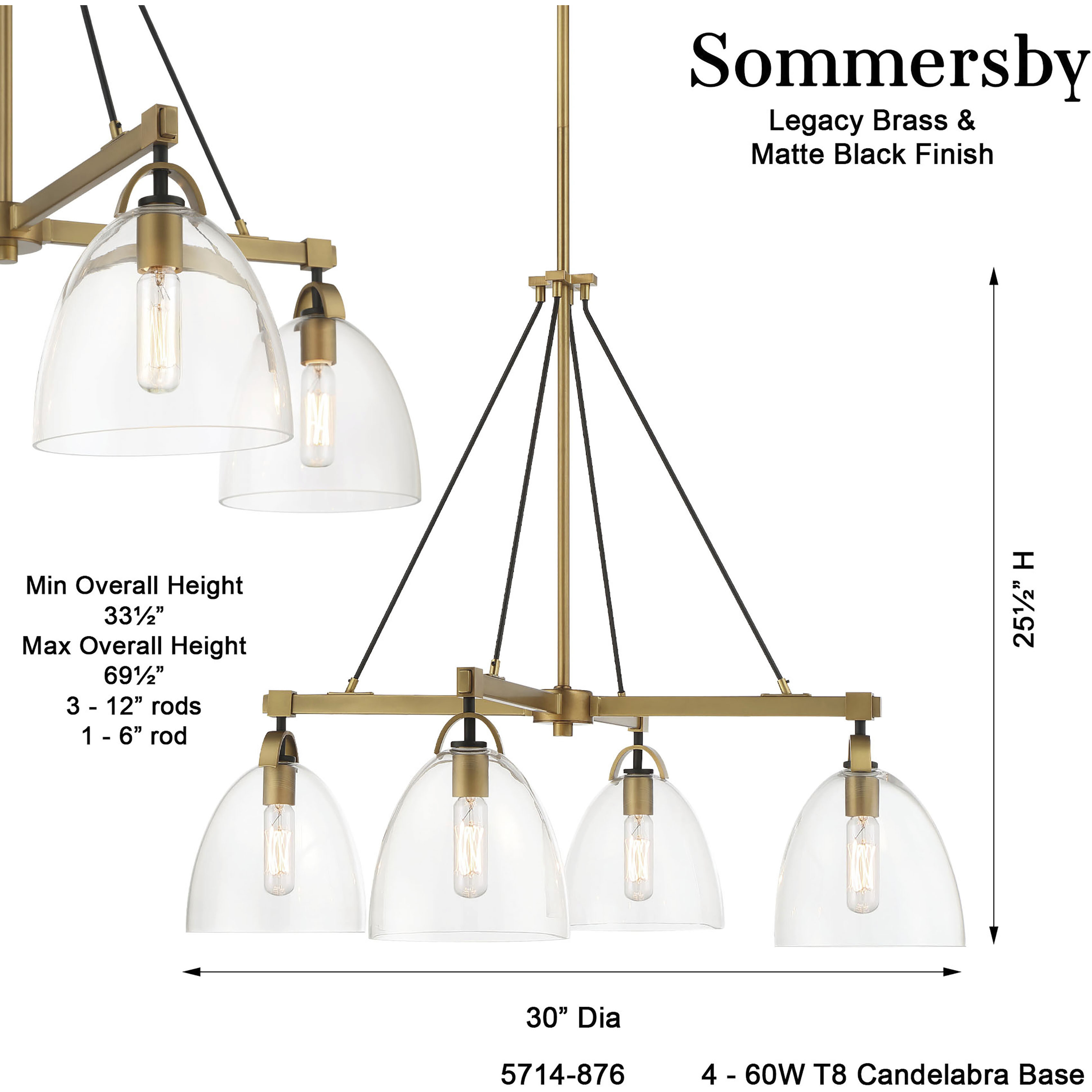 Sommersby 4 Light 30 inch Legacy Brass and Matte Coal Chandelier Ceiling Light