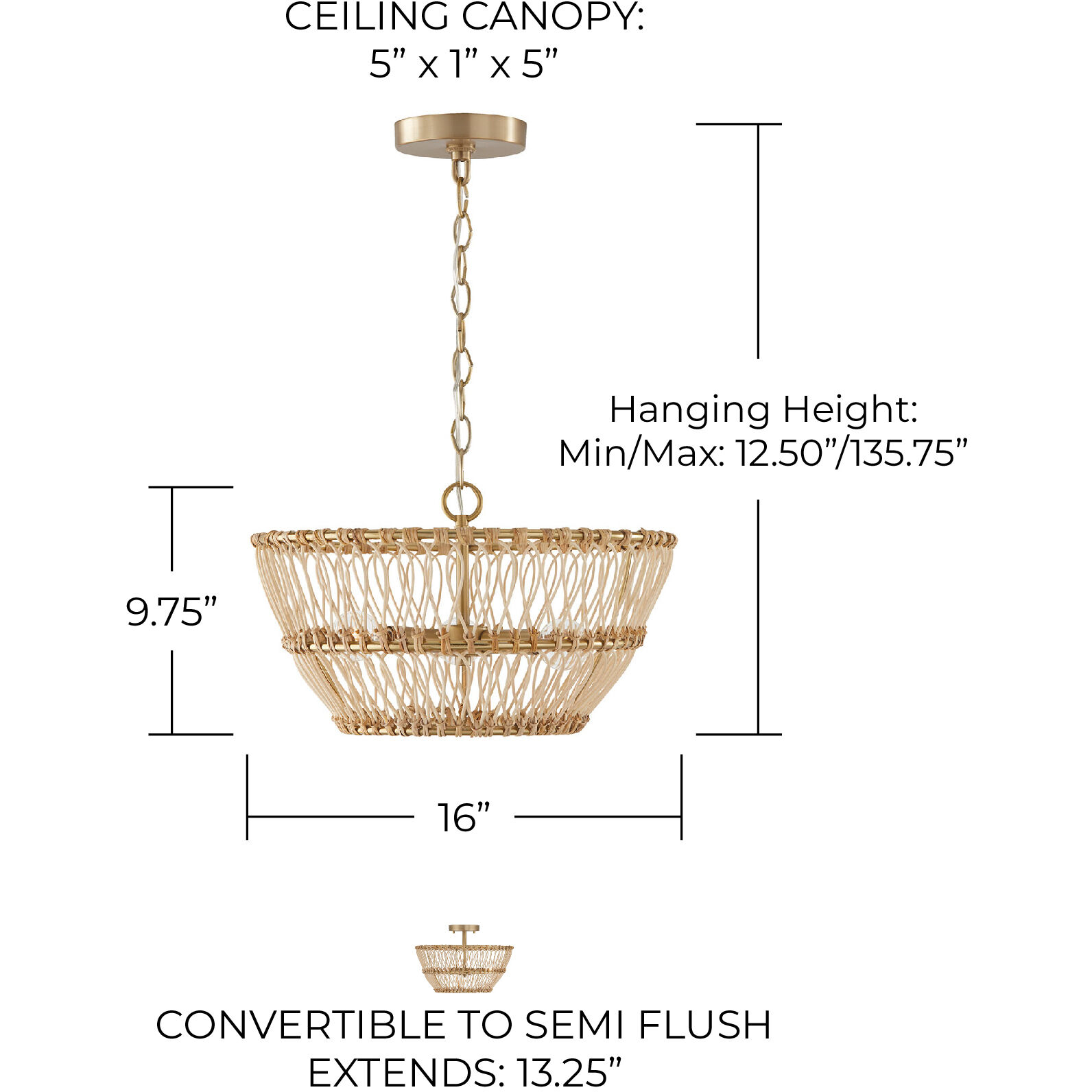 Wren 3 Light 16 inch Matte Brass Semi-Flush Mount Ceiling Light, Convertible Dual Mount