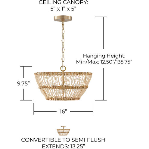 Wren 3 Light 16 inch Matte Brass Semi-Flush Mount Ceiling Light, Convertible Dual Mount