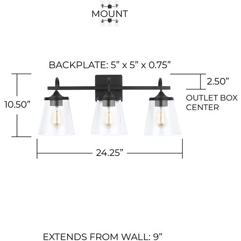 Jayne 3 Light 24.25 inch Matte Black Vanity Light Wall Light