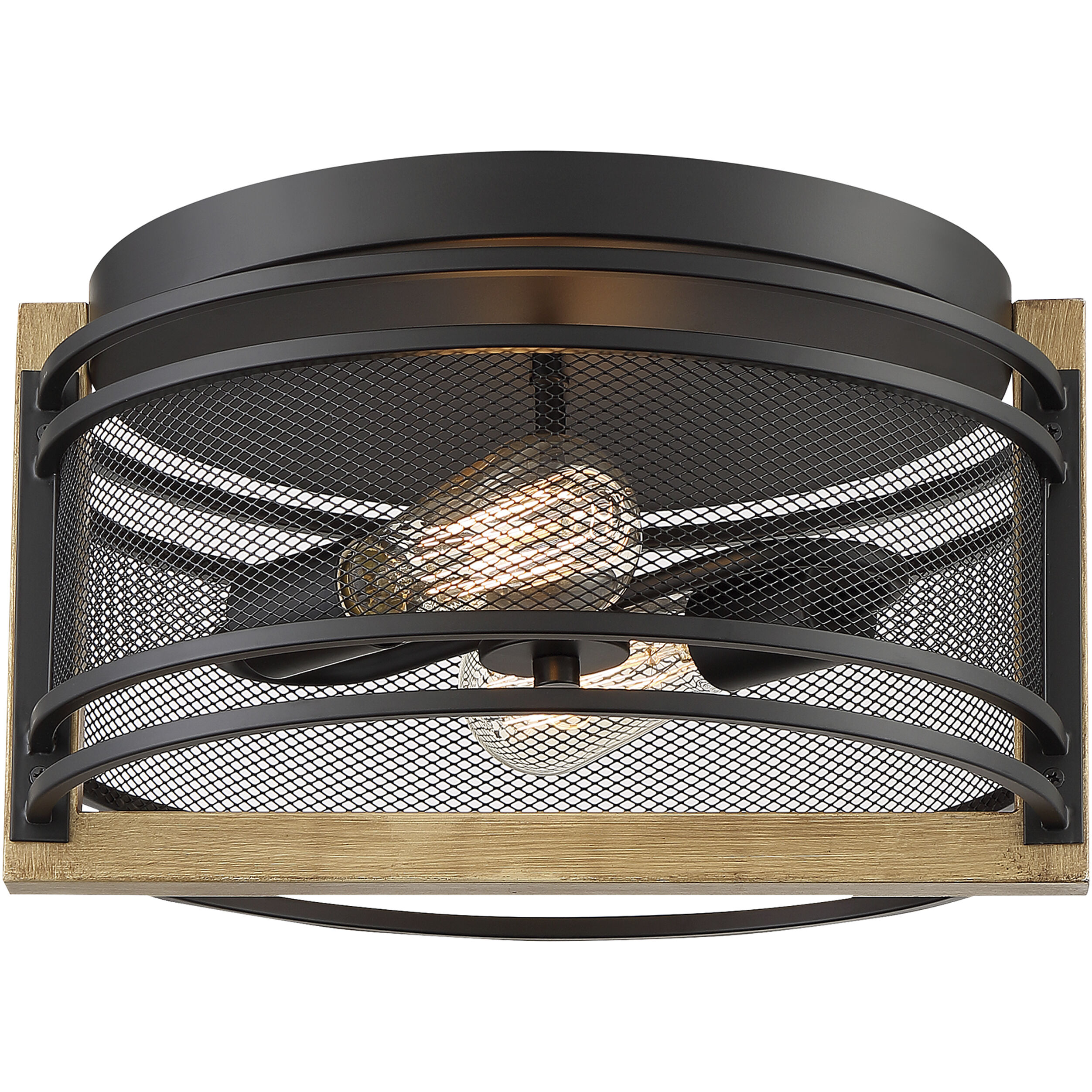 Atelier 2 Light 14.25 inch Black and Honey Wood Flush Mount Fixture Ceiling Light