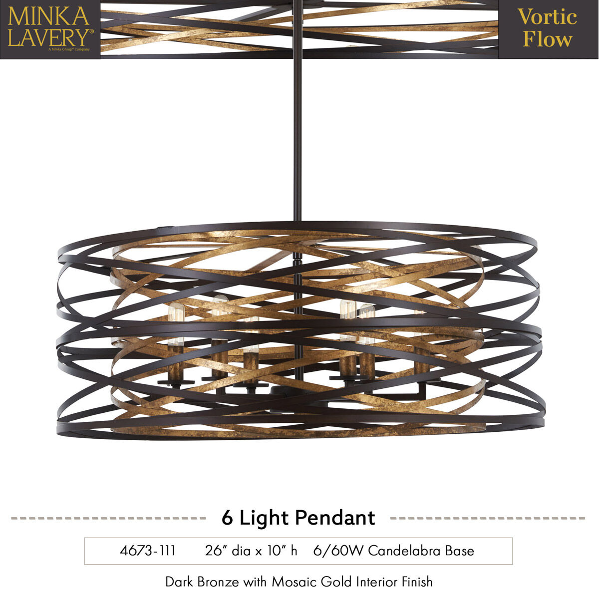 Vortic Flow 6 Light 26 inch Dark Bronze/Mosaic Gold Pendant Ceiling Light