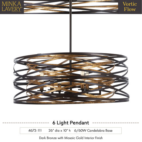 Vortic Flow 6 Light 26 inch Dark Bronze/Mosaic Gold Pendant Ceiling Light