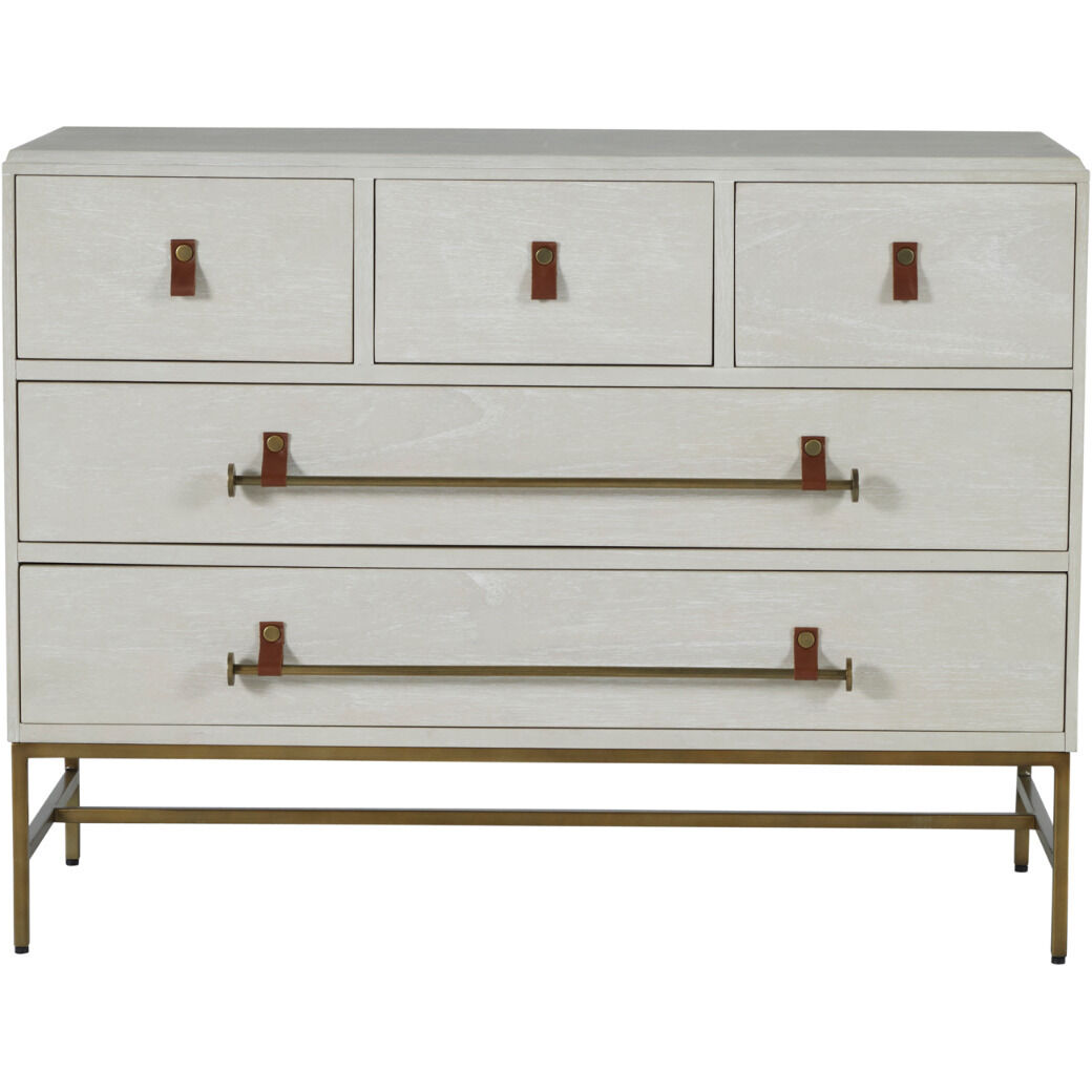 Maya Cerused White / Stained Brass / Caramel Brown Leather Dresser