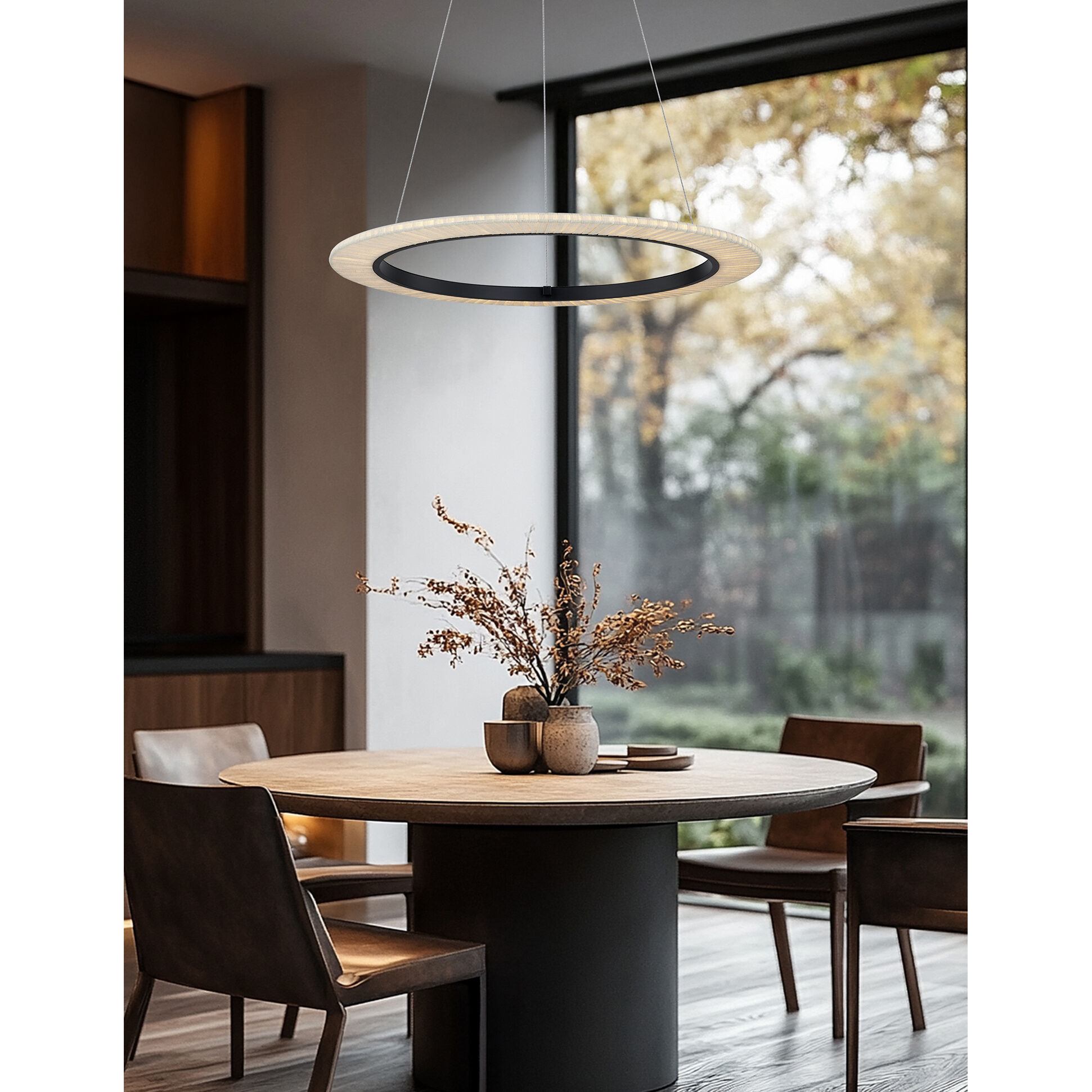 Textile LED 24 inch Matte Black Pendant Ceiling Light in Cream Linen Fabric