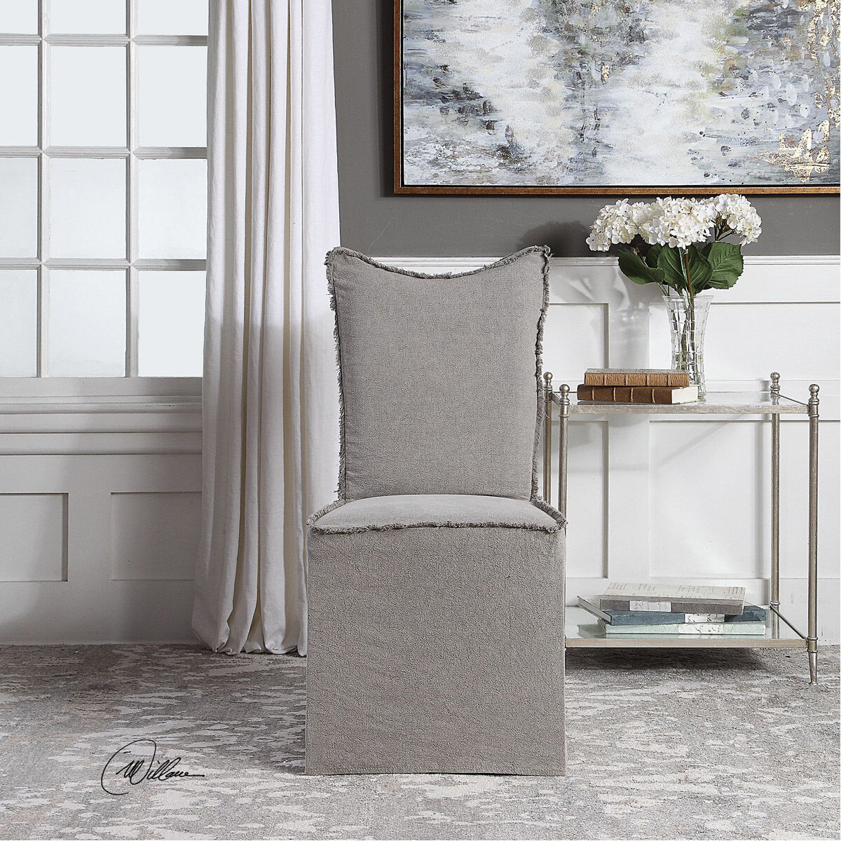 Narissa Stonewashed Gray Linen and Natural Poplar Armless Chairs, Set of 2