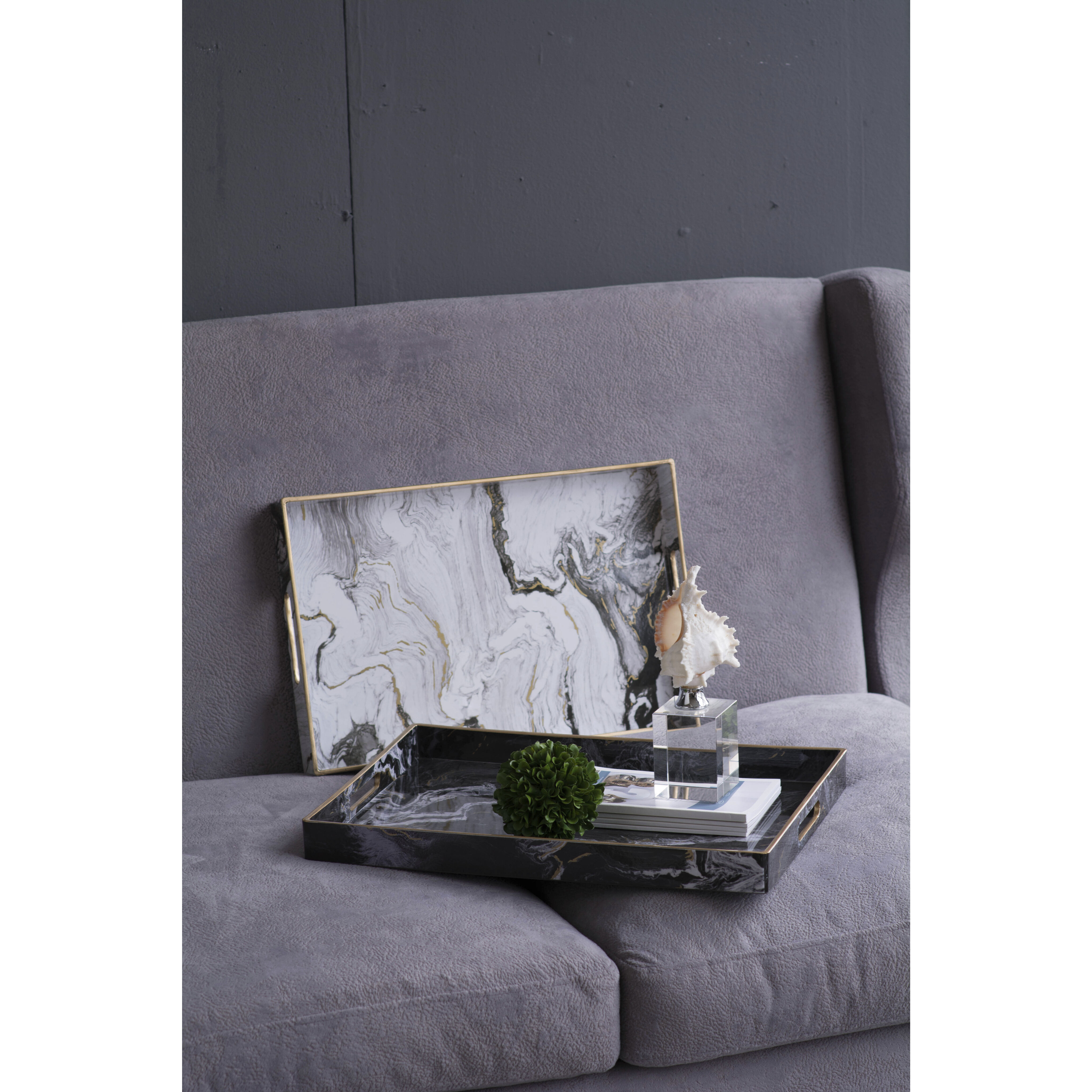 Quinn Rectangular Decorative Black and White Tray, Set of 2