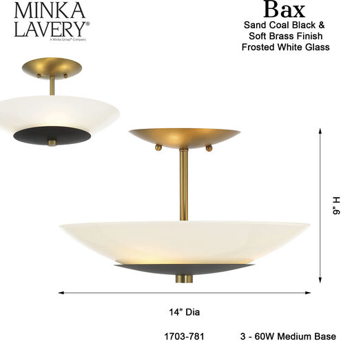 Bax 3 Light 13.88 inch Sand Coal and Soft Brass Flush Mount Ceiling Light