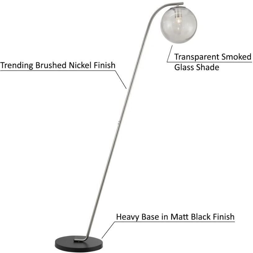 Roden 61 inch 25.00 watt Black Floor Lamp Portable Light in Brushed Nickel / Smoke