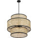 Mid-Century Modern 3 Light 22 inch Natural Cane with Matte Black Pendant Ceiling Light