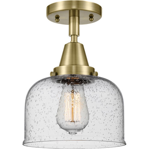 Franklin Restoration Large Bell 1 Light 8 inch Antique Brass Flush Mount Ceiling Light in Seedy Glass