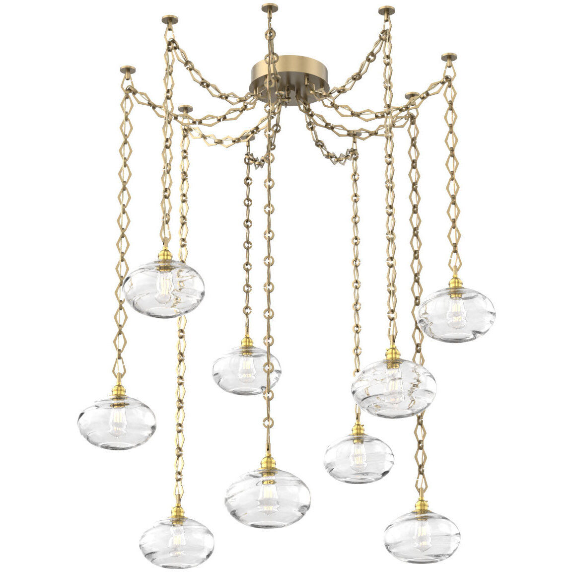 Coppa 9 Light 17 inch Gilded Brass Swag Multi-Pendant Ceiling Light in Optic Rib Clear, Diamond Chain