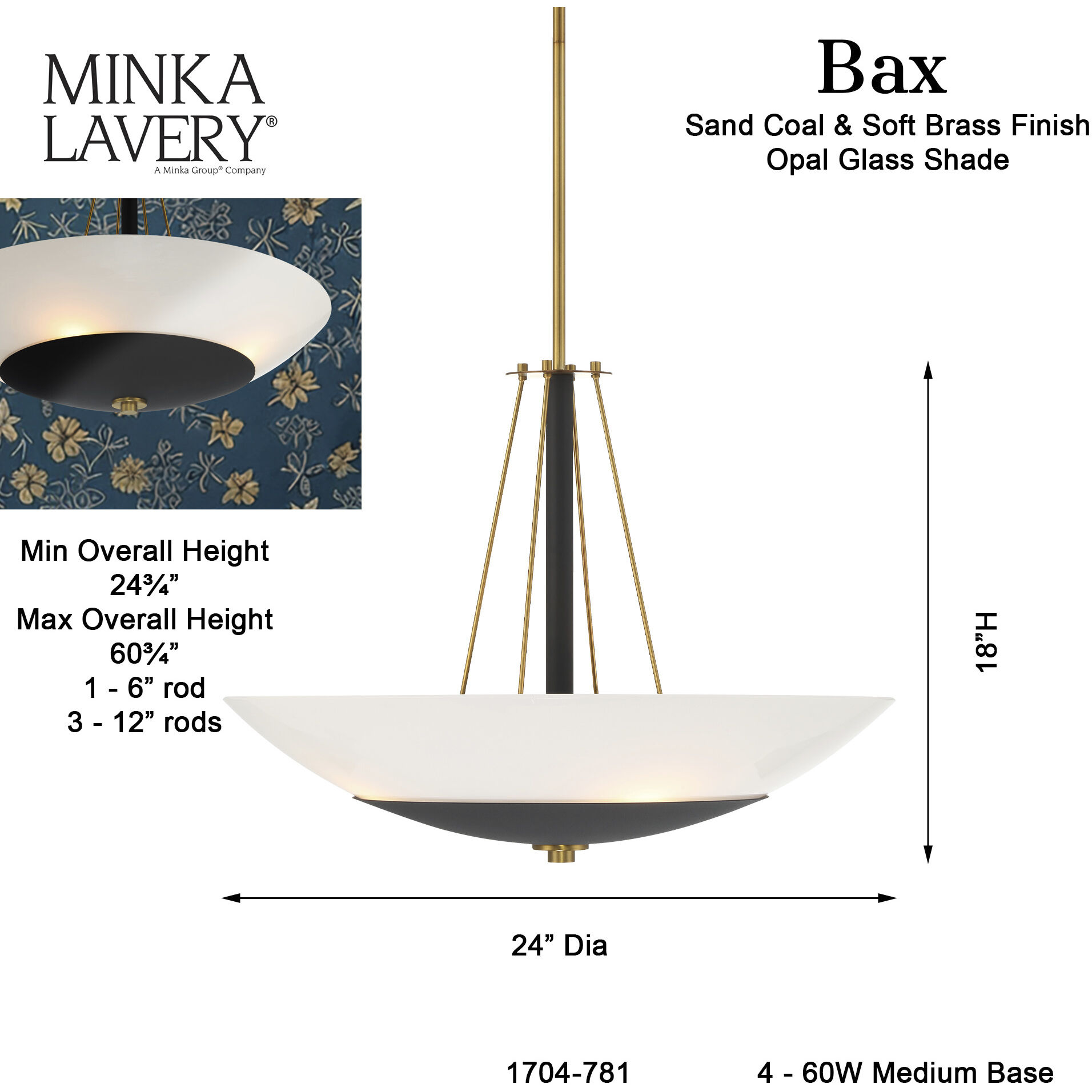 BAX 4 Light 24 inch Sand Coal and Soft Brass Pendant Ceiling Light