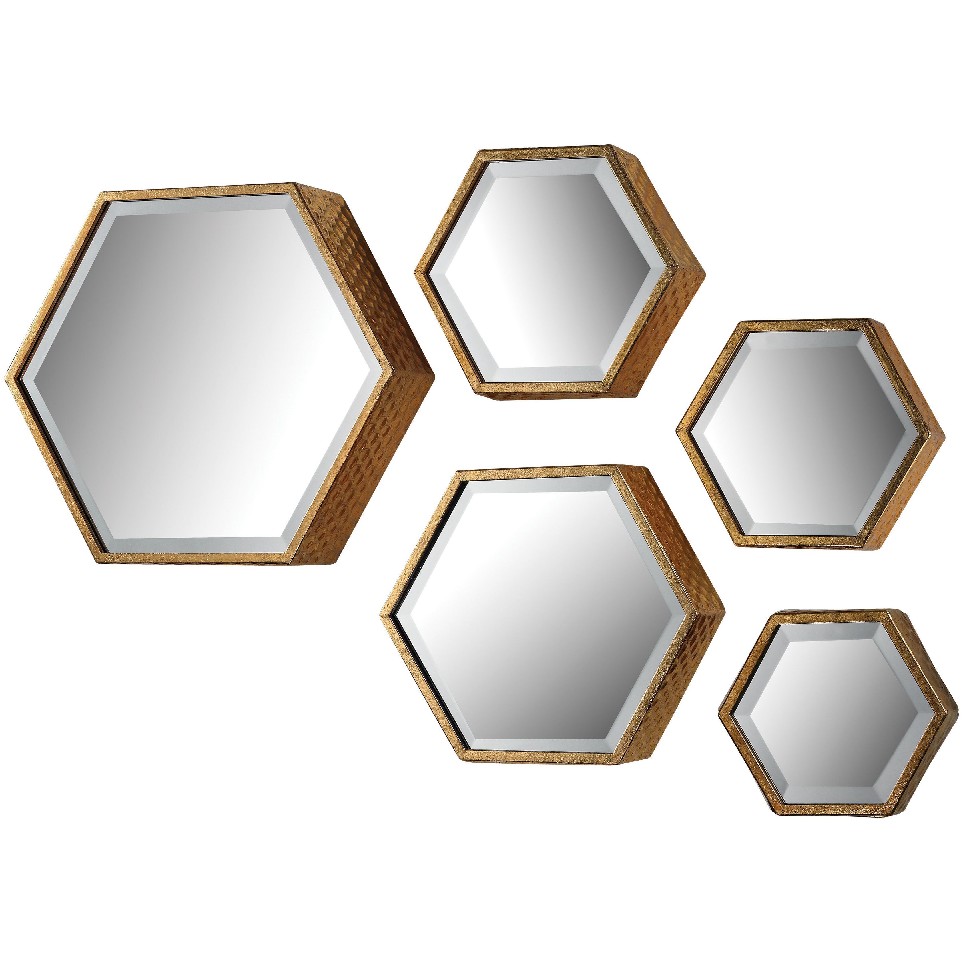 Hexagonal 15.75 X 13.75 inch Gold with Mirror Wall Mirror, Set of 5