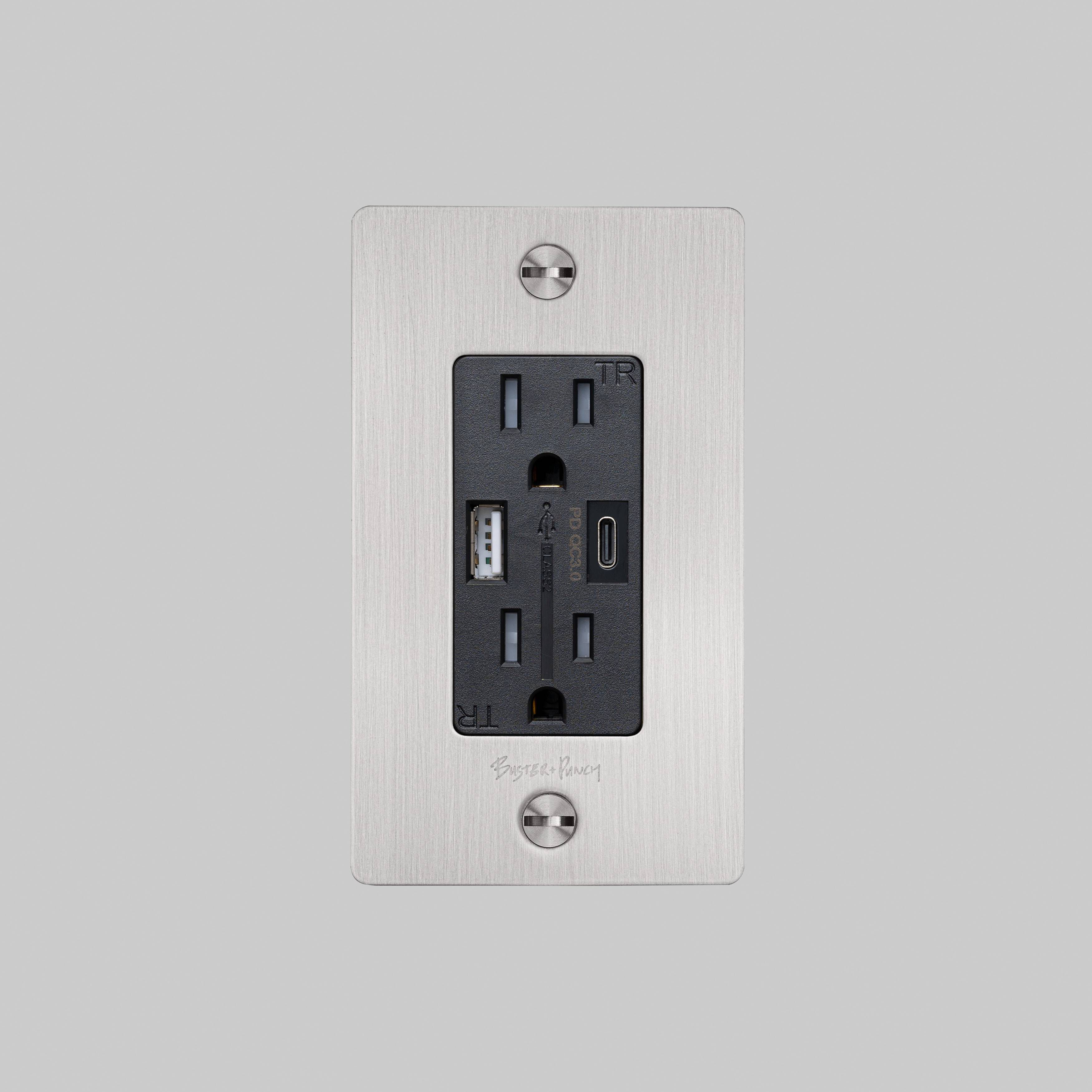 1G Duplex 125 Steel Outlet, USB A + C